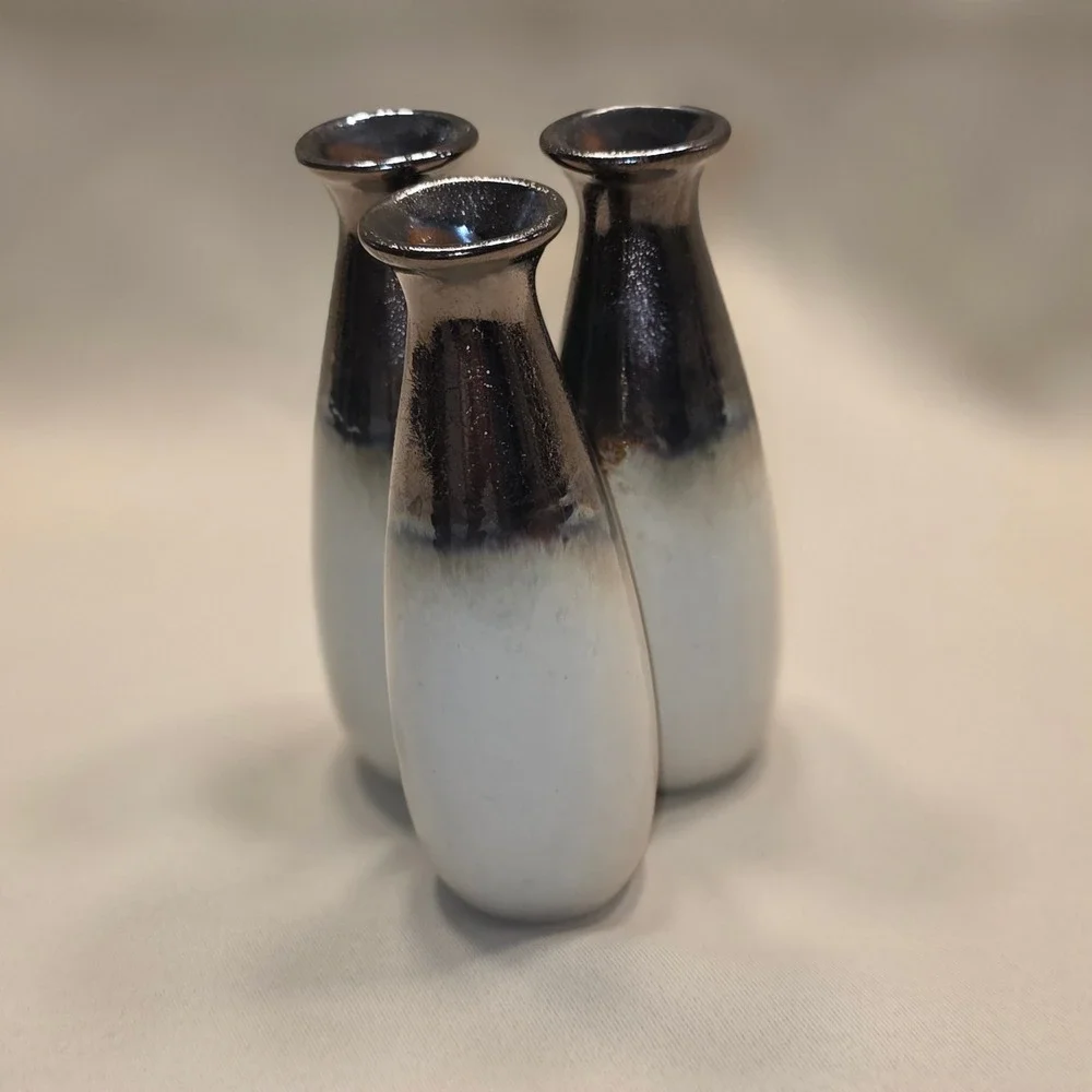 Modern Triple Connected Ceramic Bud Vase Metallic Bronze‎ Ombre White Two Tone